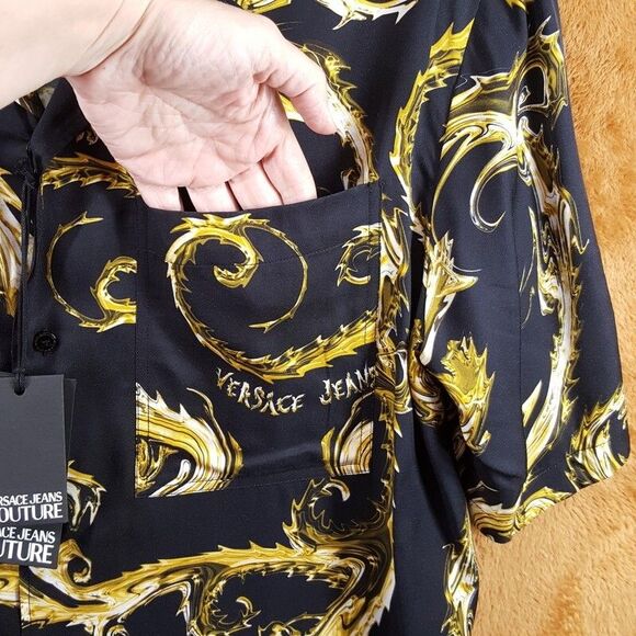 VERSACE COUTURE Shirt Mens Size 48 Black Gold Button Garland Baroque Logo $425 - Picture 4 of 10